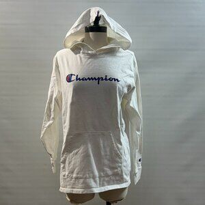 Champion Hoodie Women' Medium Sweatshirt Middleweight Script Logo Pullover White